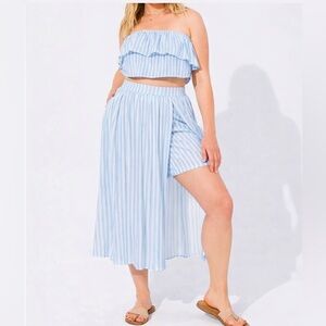 Torrid Blue Striped Strapless Ruffle Crop Top & Maxi Skirt Skort 3X Coastal Reso